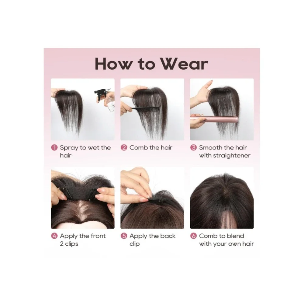 REECHO Real Human Hair Topper with Bangs Natural Black 3D‎ Seamless Clip In 360
